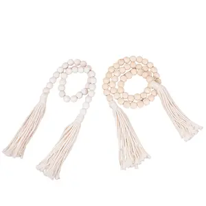 Boho Handmade Wood Bead Garland with Tassels, Natural Wood Beads Curtain Tieback, Farmhouse Rustic Home Decor for Living Room Bedroom, Perfect for Boho Interior Design, Wall Hanging Accent