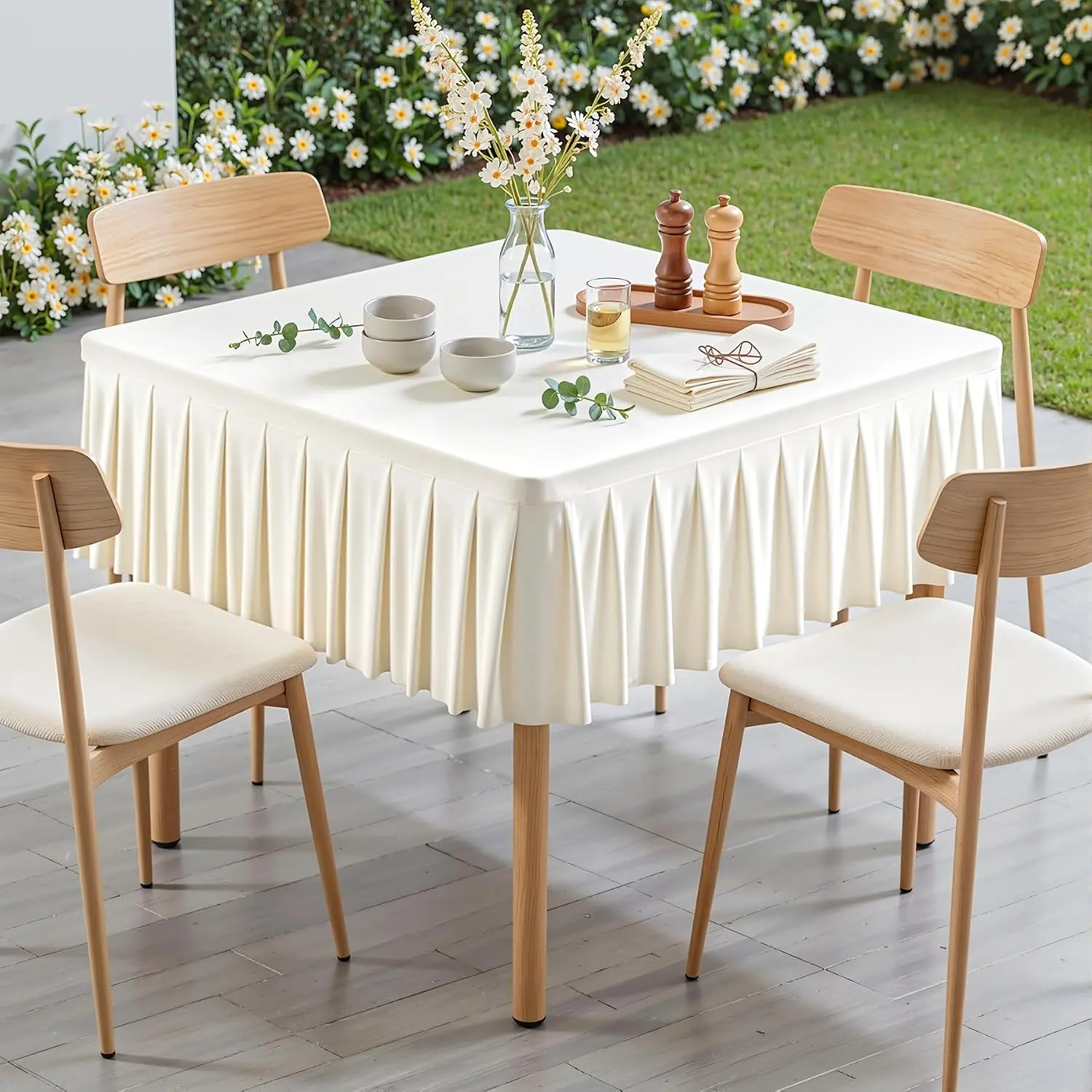 Ivory Square Tablecloth - 34x34 Inch Stretchy Fitted Tablecloths for Small Square Card Tables with Ruffle Pleated Table Skirt Wrinkle-free Spandex Table Cover for Dining, Kitchen, Patio & Gift Display