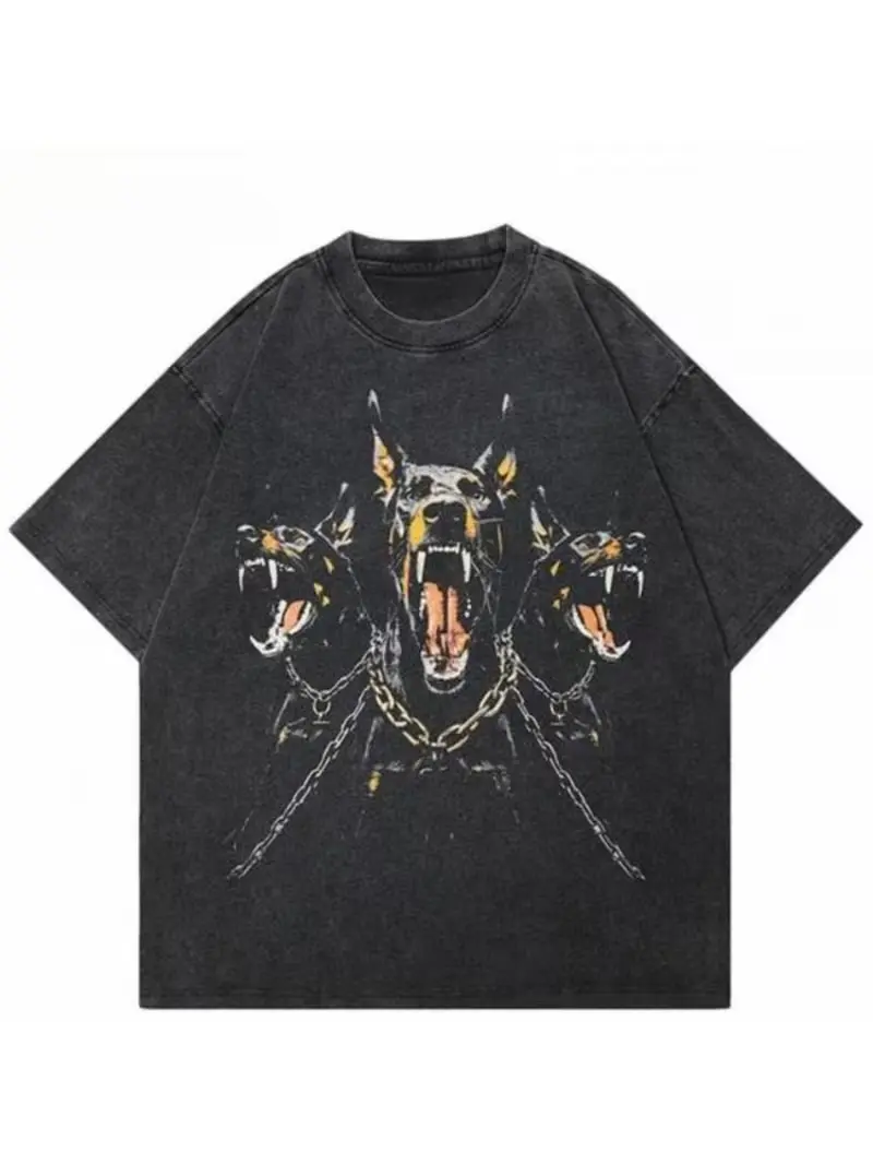 Vintage Washed T-Shirt  Doberman & Labrador Retriever Print  Unisex Loose Retro Streetwear  Summer Casual Essential Top, Local Warehouse