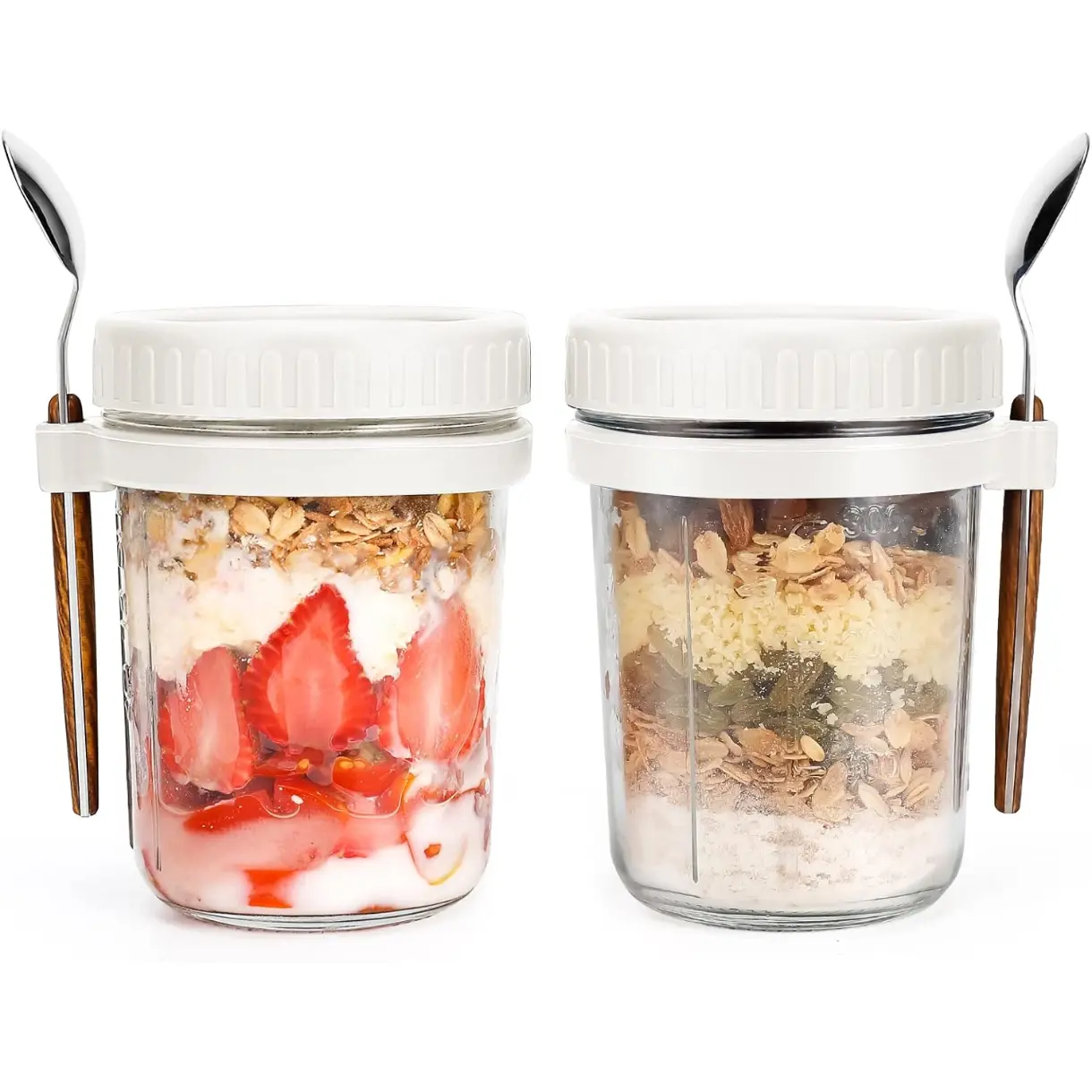 Overnight Oats Jars with Spoon and Lid 16 oz [2 Pack], Airtight Oatmeal Container with Measurement Marks, Mason Jars with Lid for Cereal On The Go Container (2pcs white)