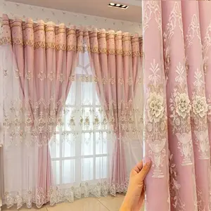 1pc French Vintage Double Layer Full Shade Curtain, Blackout Window Cover, Lace Trim & 3D Flower Decor, Ideal Home Decoration for Living Room & Bedroom