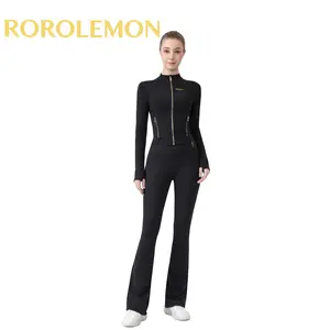 ROROLEMON Women’s 2-Piece Workout Set, Cropped Gold-Zip Jacket & High-Waisted Flare Leggings, Slim-Fit Athletic Yoga Outfit with Thumb Holes, Multiple Colors Available