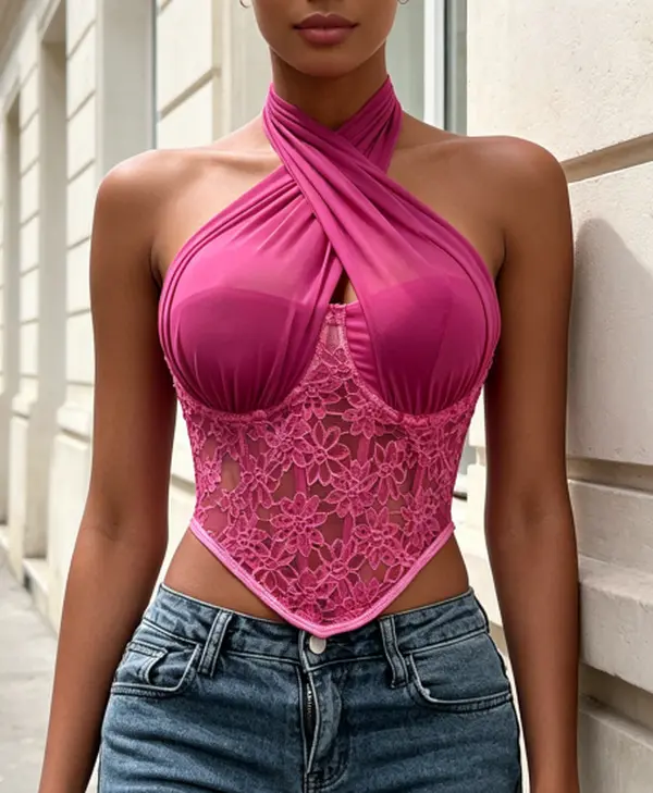 Halter Cross Neck Boxy Corset Lace Mesh Pointed Hem Slim Bustier Top