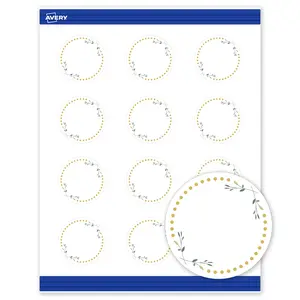Avery Printable Round Cards, 2" Diameter, Matte White, Pre-printed Green Florals/Gold Dots Design, Sure Feed Technology, Laser & Inkjet Compatible, 240 Total