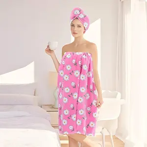 Flower Print Bathrobe & Hair Drying Towel Set, Soft Coral Fleece Bathrobe & Hair Drying Towel, Bathrobe for Women, Spa Robe for Women, Absorbent Breathable Towel, Bathroom Towel Set