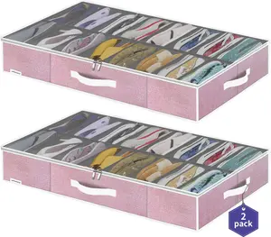 Under Bed Shoe Storage Containers Set of 2 – Large Organizer Boxes for 16–32 Pairs with Clear Cover & Handles