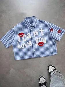 Unisex casual streetwear style "I can't Love you" red lip print plaid shirt, Y2K streetwear cropped top, suitable for streetwear, Y2K outfits, men's gifts, couple outfits, high street culture.