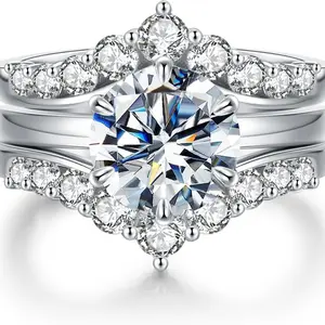 GRA Certified 3CT Round Cut D-VVS1 Moissanite Engagement Ring Stack - Stylish Anti-Anxiety Wedding Ring Sets for Summervibes Queens