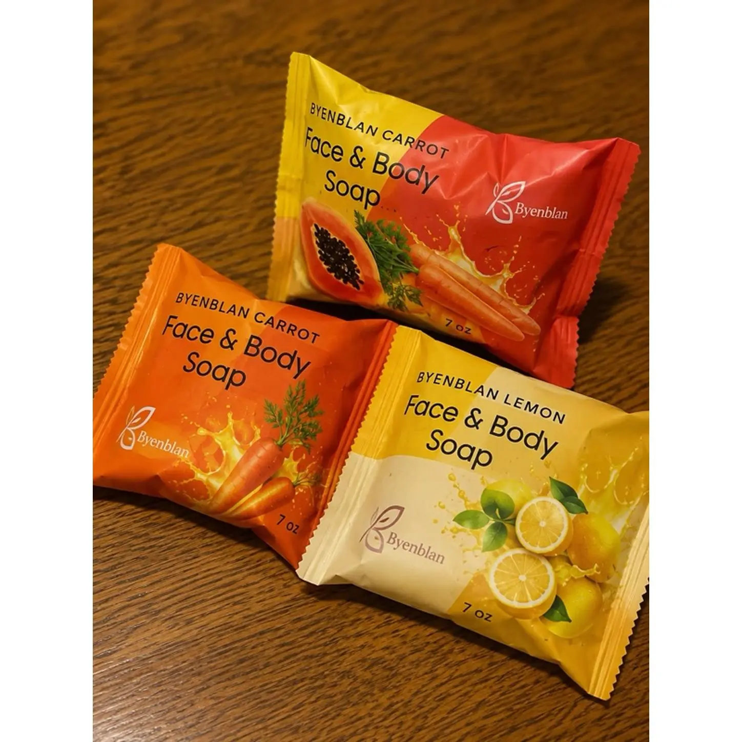 Byenblan Lemon, Papaya, Carrot Face & Body Soap 3 Pack - 7 oz Each - Natural Ingredients for Gentle Cleansing