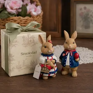 2 Pcs Couple Resin Rabbit Statue for 4th of July, Easter Bunny Decorations, Cute Statue Ornaments for Memorial Day, Rabbit Garden Statue and Egg, Independent Gifts, Festival Party Props, Mother's Day, Father's Day Gift