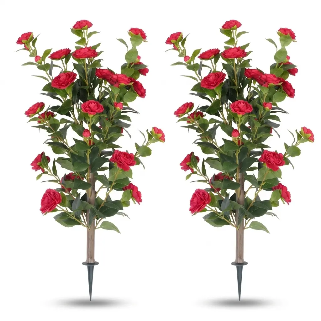 2 Pack Real Touch Artificial Camellia Flowers with Ground Spike - UV Resistant Silk Fake Flowers for Outdoor Garden, Cemetery Decoration, Window Box & Porch, 35" Tall Vibrant Faux Camellias (Red)