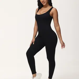 Women's solid sleeveless jumpsuit with a square neck and backless design, featuring body sculpting tummy control in ribbed knit for a slim fit, ideal for workouts and yoga. Bodysuit Comfortable Elastic Seamless Smooth Spandex Bodycon Compression Fabric