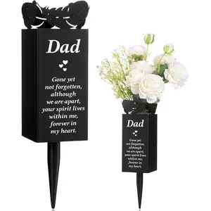 Father's Day Dad Memorial Stakes Grave Cemetery Decorations Metal Feather Father Cemetery Markers Plaque with Spike Flower Holder for Loss Loved Ones Burial Ground Lawn Yard Funeral Decor