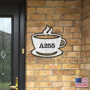 Designocracy MA98438-12 12 in. Tea Cup Wooden Custom House Number Sign Decor, Classic Country Collectible Artwork Home Signs, Ideal Gift for Home Decor
