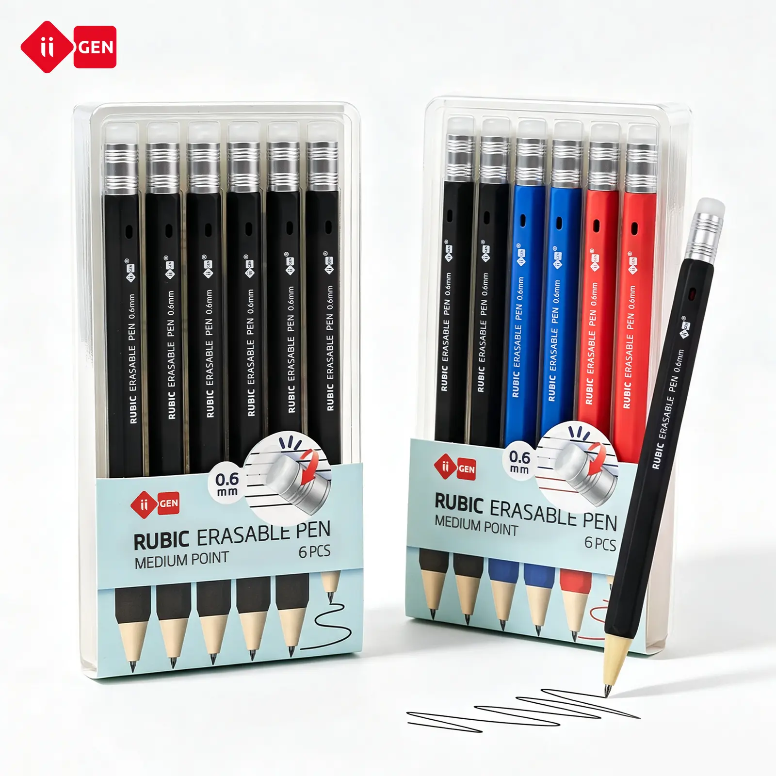 iiGEN RUBIC 0.6mm Medium Point Erasable Gel Pen Set (6-Pack) - Smooth, Quick-Dry Reusable Ink Pens for College Students, Note Taking, Back-to-School Office Stationery