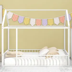Metal Full Size Unique Bed Frame with Rails and Roof, Floor Bed for Bedroom, White