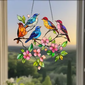 Spring Birds Suncatcher, Special Shaped Window and Garden Decor, Unique Stained Glass Style, Multi-Purpose Ornament for Home, Office, Bedroom, Yard, Garden, Cafe
