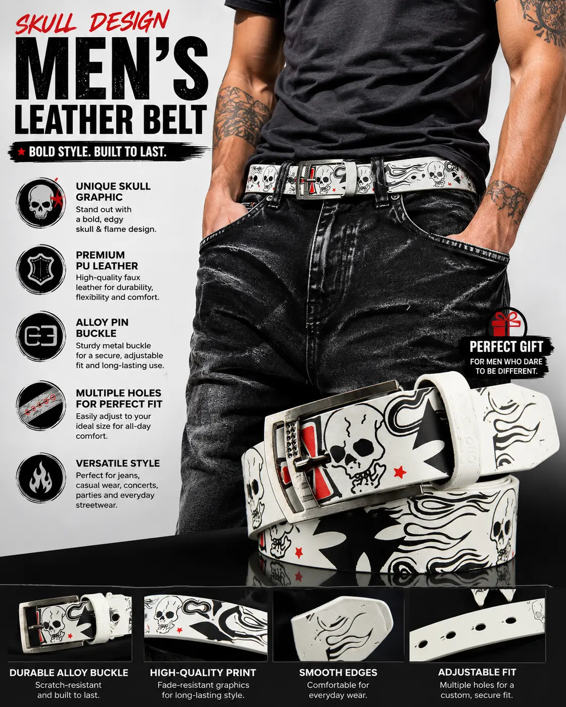Punk Skull Flame Belt | Streetwear Gothic Accessory for Jeans | Black & White Iron Cross Waist Belt for Men & Women | Fits 25.59-37.8 Inches | Ideal for Concerts, Parties & Casual Outfits Jeans Giveaway Vintage Belt Pu Leather Belt