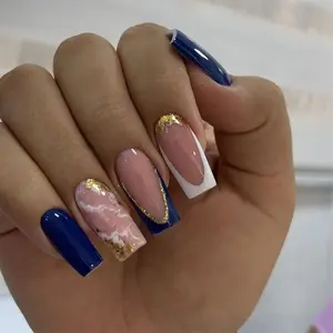 24pcs Medium Square Blue French Press-On Nails, Glossy Finish, Reusable DIY Nail Art for Parties, Daily Wear, Korean Style Women's Fake Nails