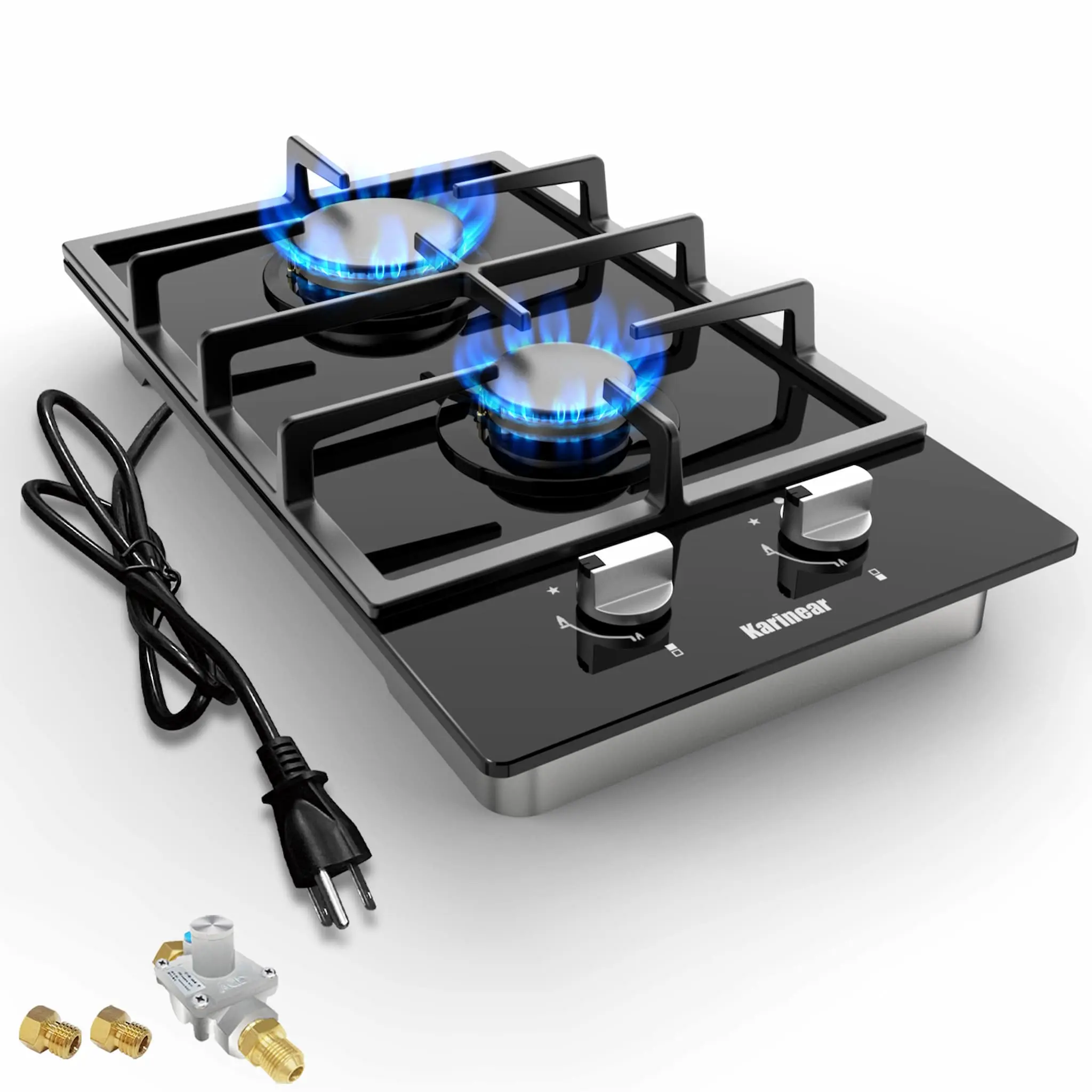 Karinear Built-in 2-Burner Dual Fuel Cooktop - Durable Modern Tempered Glass LPG/Natural Gas Stove with Auto Shut-Off, Quick Heating, US Plug for Apartment, RV Kitchens