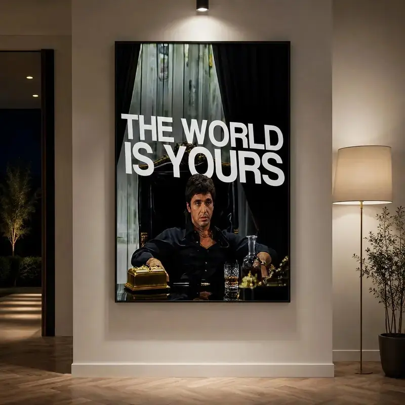 Tony Montana "The World Is Yours" Cinematic Quote Canvas Wall Art Print - Motivational Text House Decor, Cool Room Decor, Framed-Unframed Multi-Size Mafia Gangster Gift for Men’s Man Cave