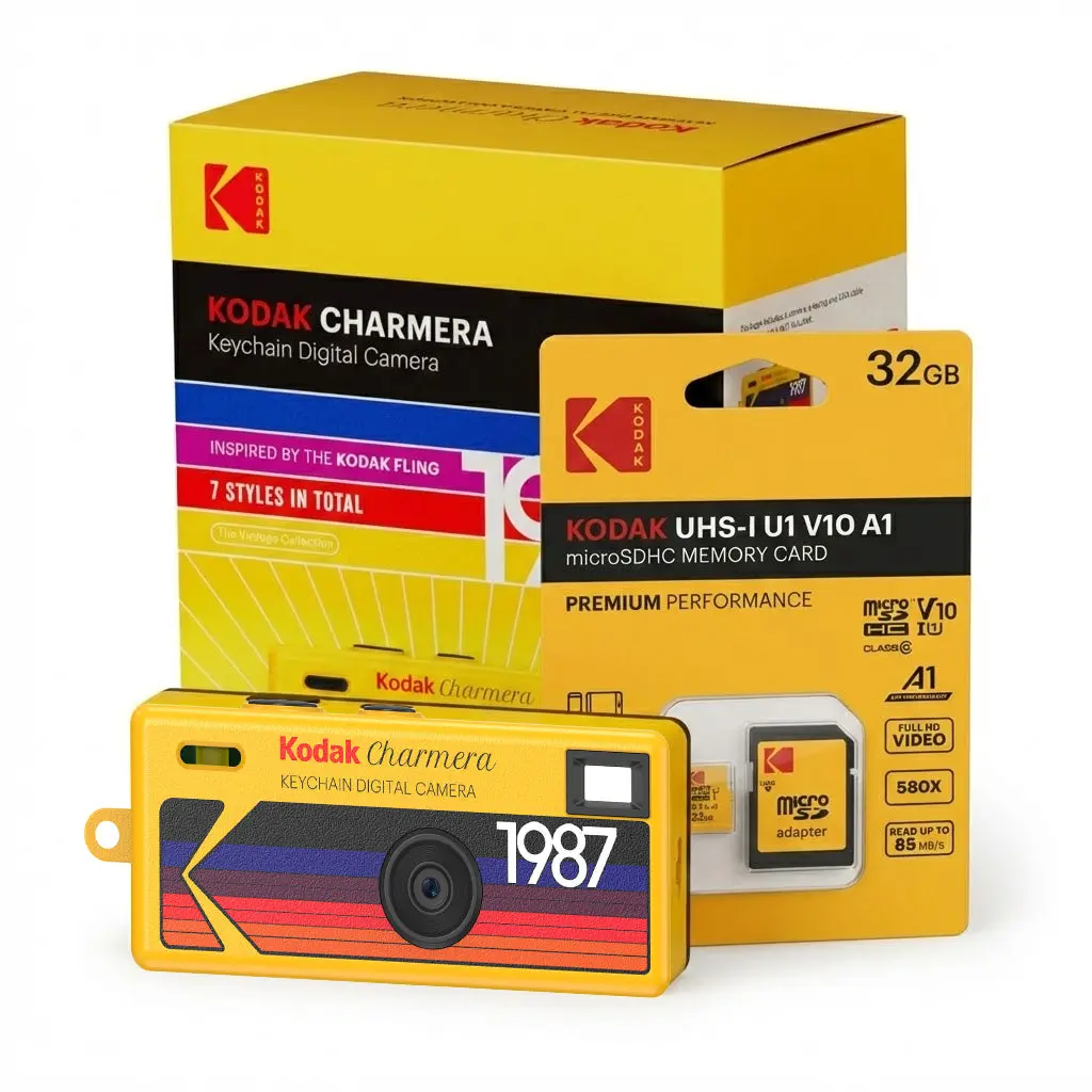 Kodak Charmera Port Digital Camera Key Chain (Blind Box Bundle) - Lens, 32GB SD Memory Card, Mobile Charging Compatibility