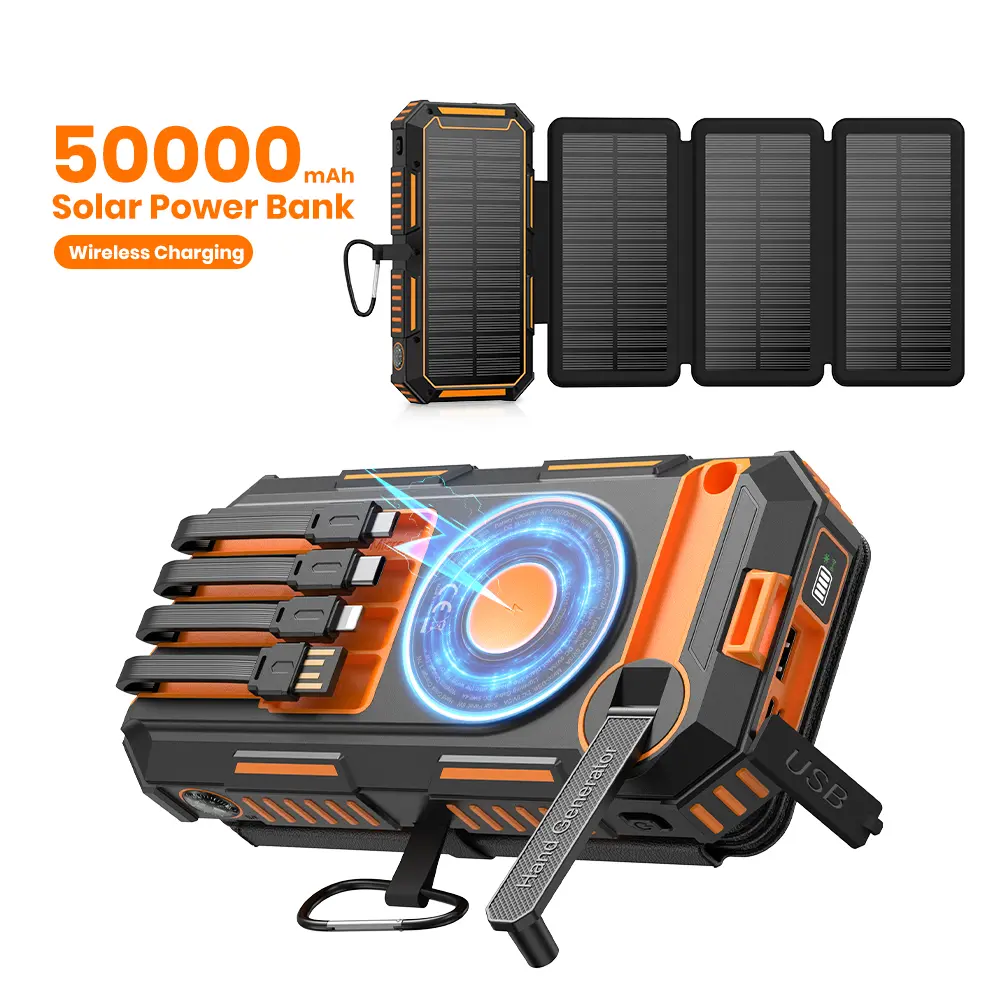 FEELLE Plastic Solar Power Bank - 50000mAh Wireless Portable Charger for Phones, Built-in 4 Cables & Hand Crank, PD QC 3.0 Fast Charging USB-C Mobile Accessories Battery Pack with Flashlight for Camping,back to school,back to school haul