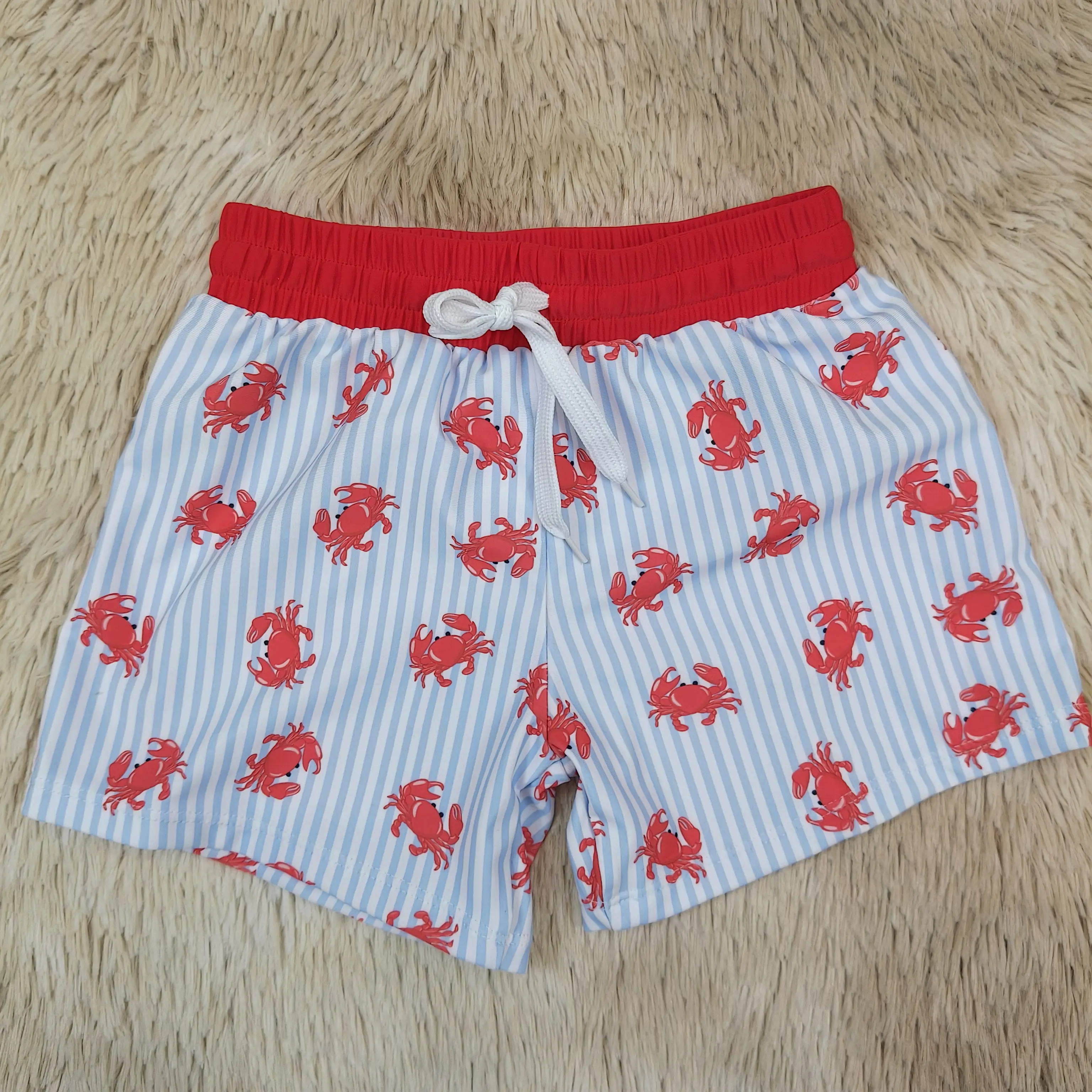 Toddler Boys Crab Stripe Printed Drawstring Summer Swim Trunks, Kids' Sports & Outdoor Swimwear, Toddler Boys Swim Trunks