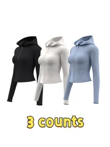 Women's Solid Zip Up Hooded, Sporty Long Sleeve Thumb Hole Outerwear for Yoga Gym Workout, Ladies Sportswear for All Seasons Yoga Jacket Top