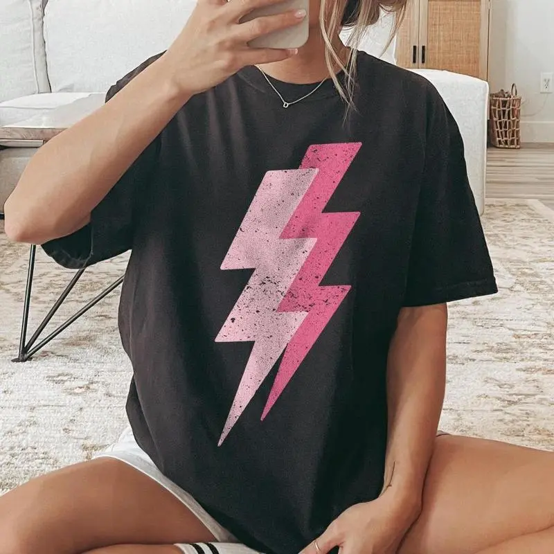 Pink Lightning Bolt T-Shirt |     Trendy Soft  Graphic Tee for Women, Retro 80s Y2K 90s Vintage Style, Oversized Punk Rock Aesthetic Must-Have