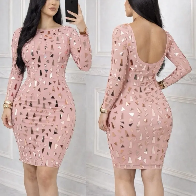 Women's Long Sleeve Mirror Bodycon Dress - Elegant Stretch Fashion Statement Look Clothes, Women's Fashion Reflective Unique Brand Theme Casual Dress for Versatile Wear