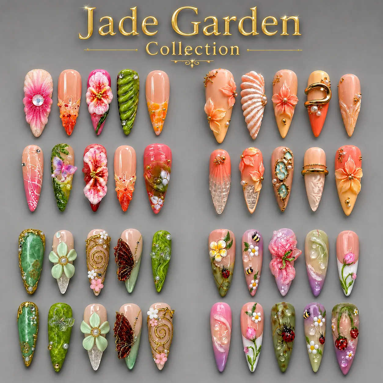 NAILCOUTURE Luxury Handmade 3D Nail Art Reusable Press On Nails | Long & Medium Almond Sculpted Gel Nails | Artisan Summer Floral Butterfly Shell Collection