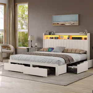 FUSOU RGB Light Storage Headboard Bed Frame with Charging Station [FRAME ONLY NO MATTRESS]Upholstered Bed Frame with 4 Drawers and 2-Tier Storage Headboard, Noise Free, Easy Assembly, Wooden Slats Support, No Box Spring Needed, Beige,Queen Size, King Size