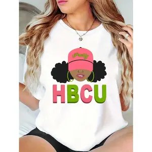 Women's HBCU Graphic T-Shirt – Black Girl Magic Design with Pretty Pink Cap & Green Hoop Earrings, Casual Short Sleeve Tee for HBCU Events, Back to School, Daily Wear 100% Cotton T-shirt