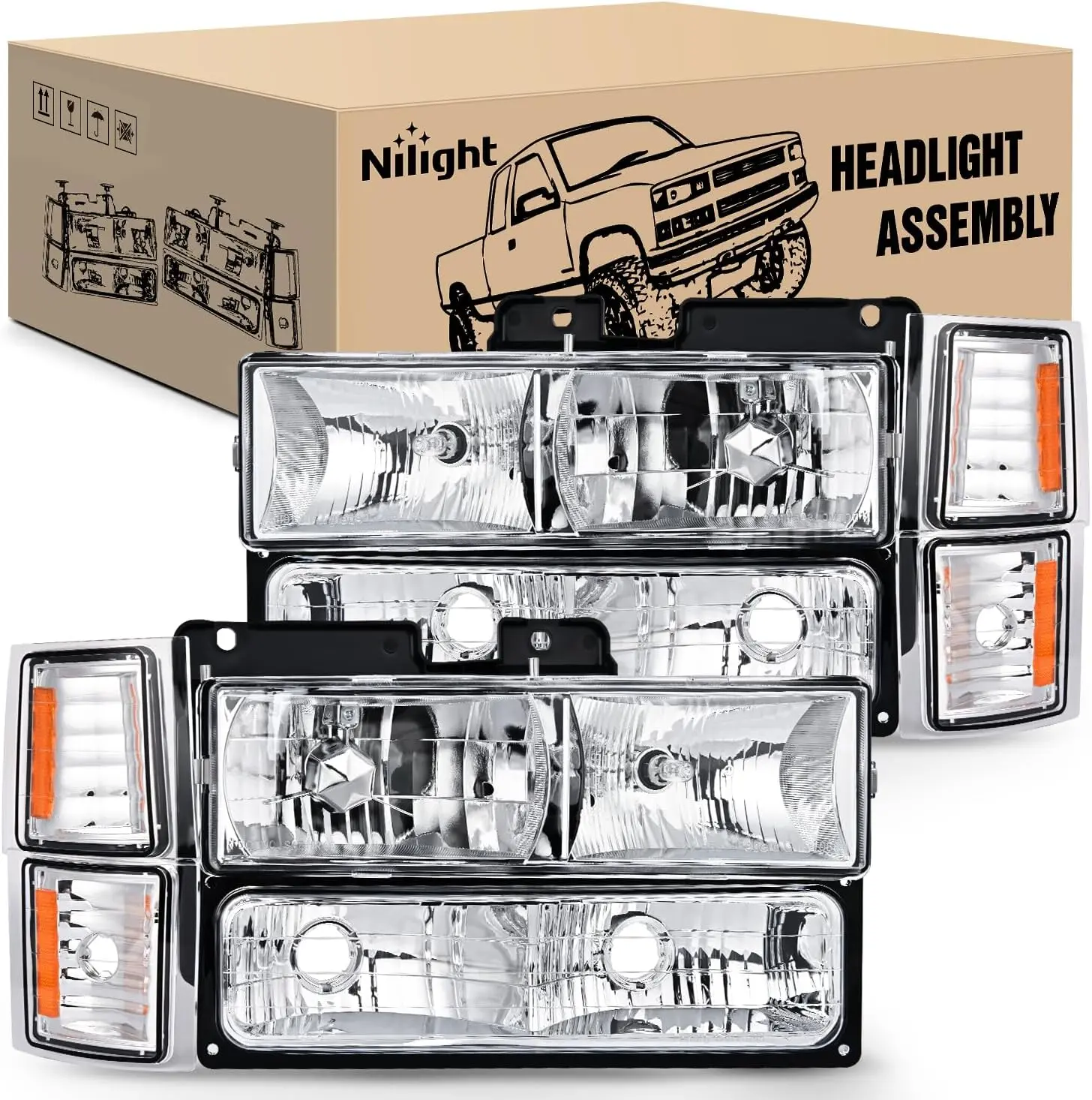 Nilight Headlight Assembly Compatible with 1994 1995 1996 1997 1998 Chevy Silverado Tahoe Suburban C10 C/K 1500 2500 3500 Replacement Headlamp Chrome Housing Amber Reflector Bumper Corner Lamp v8 raptor valance lights switchback leds, Chevy Trucks, Chrome