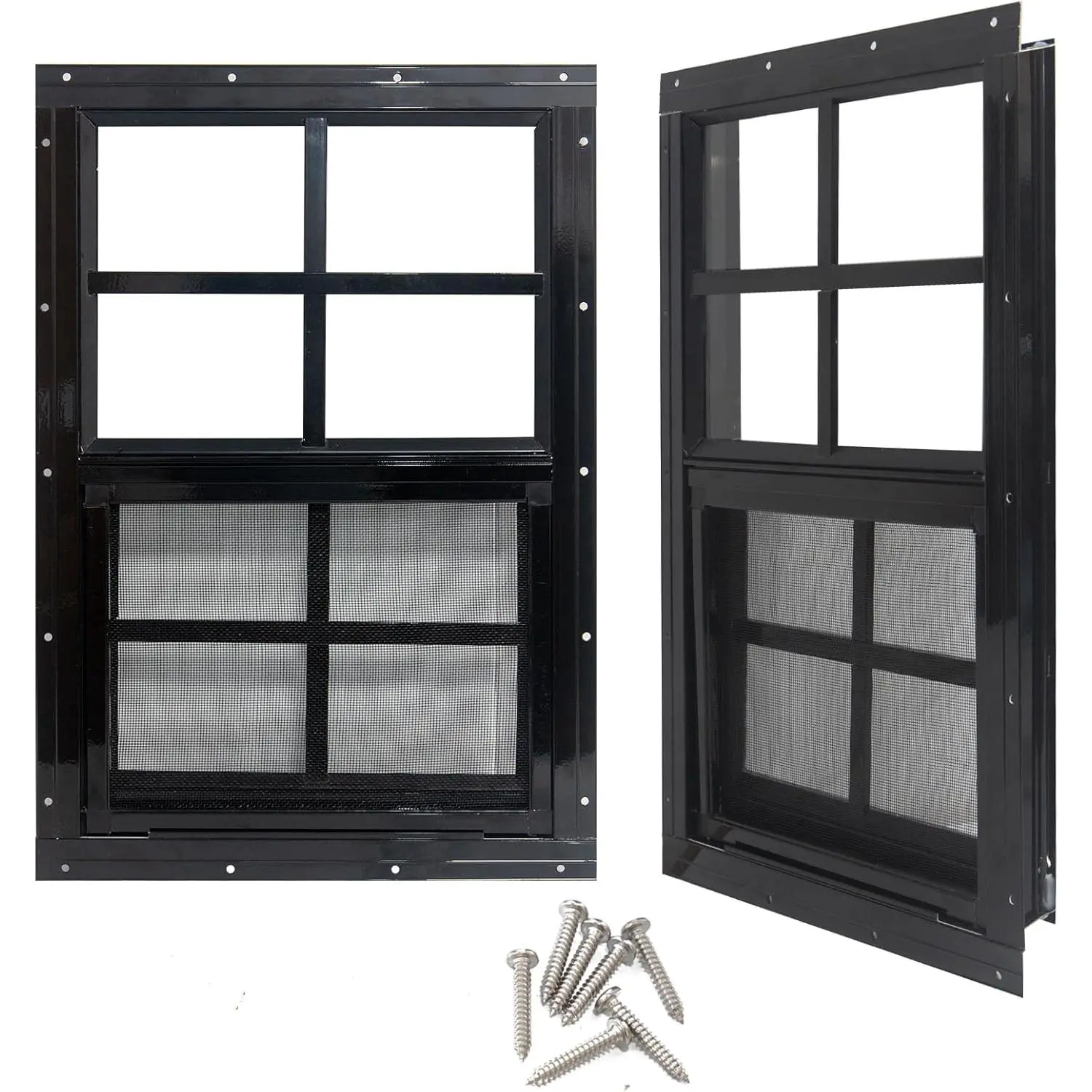 Modern Shed Windows (2-Pack, 14"x21") - Black Sliding Vertical Sliders, Durable Tempered Glass (Stronger Than Normal Glass), Fiberglass Screen, Synthetic Wind & Rain Resistant, Full Sunlight Compatible, Effective Ventilation for Sheds, Playhouses, Wind An