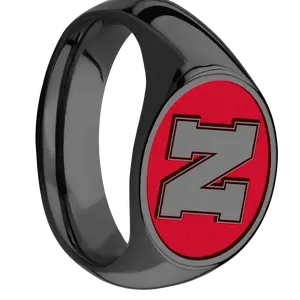 Medium Horizontal Oval signet ring (16x13mm) in Zirconium, with a Wide style band and a Nebraska Block N Rev engraving.