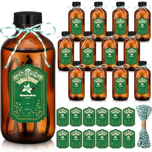 12 Pack Amber Glass Bottles Boston Round Sample Bottles Glass Jars with Lids Dark Vanilla Extract and 12 Pcs Christmas Green Snowflakes Stickers for Gift Beans