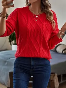 Women's Round Neck Linen Pattern Long Sleeve Loose Fit Solid Color Pullover Sweater, Casual Fall & Winter Knit Top for Daily Wear