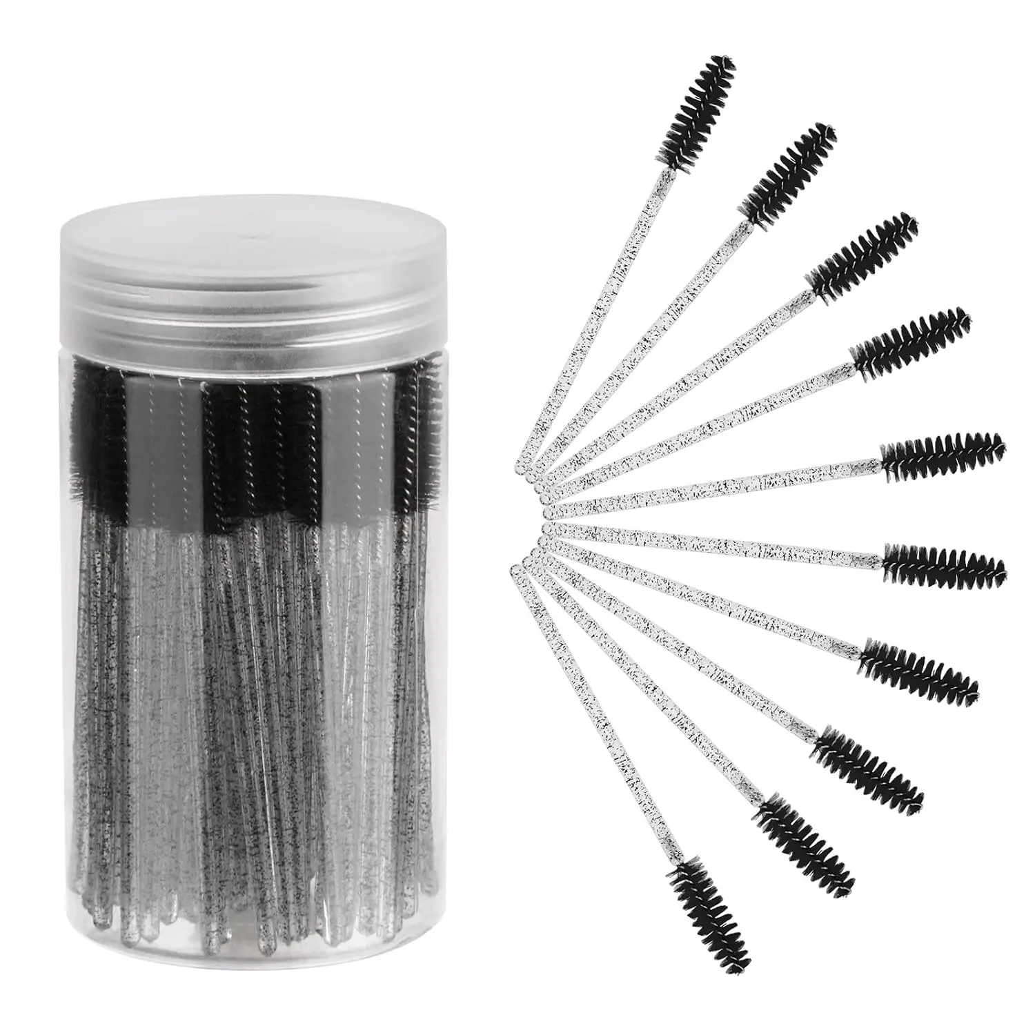 100PCS Disposable Eyelash Spoolies Brush with Container, Black | Soft Mascara Wands for Eyelash Extensions & Eyebrow Grooming, Hygienic Single Use, Multipurpose Makeup Applicators