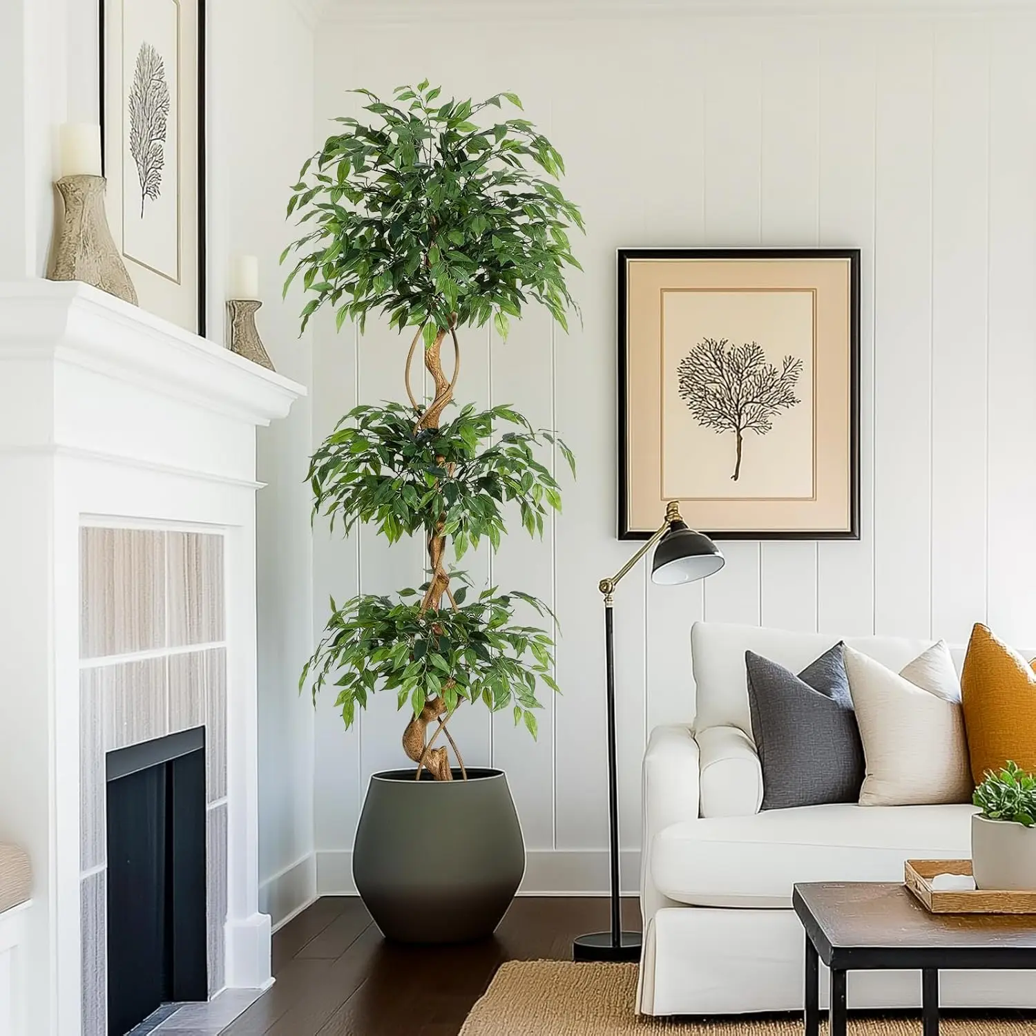 【Christmas Gift】Ficus Artificial Tree with Curved Trunk, 6 Feet Faux Plant Fake Silk Trees with White Pot, Fake Ficus Tree for Home Decor, Indoor Outdoor House Living Room