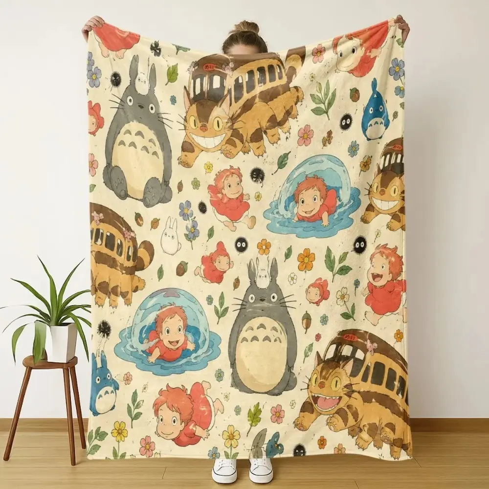 Ghibli Anime Character Prints Blanket - Classic Watercolor Totoro & Ponyo Themed, Soft, Cozy Warmth, All Seasons, Ideal for Anime Fans, Home & Kids' Room Décor