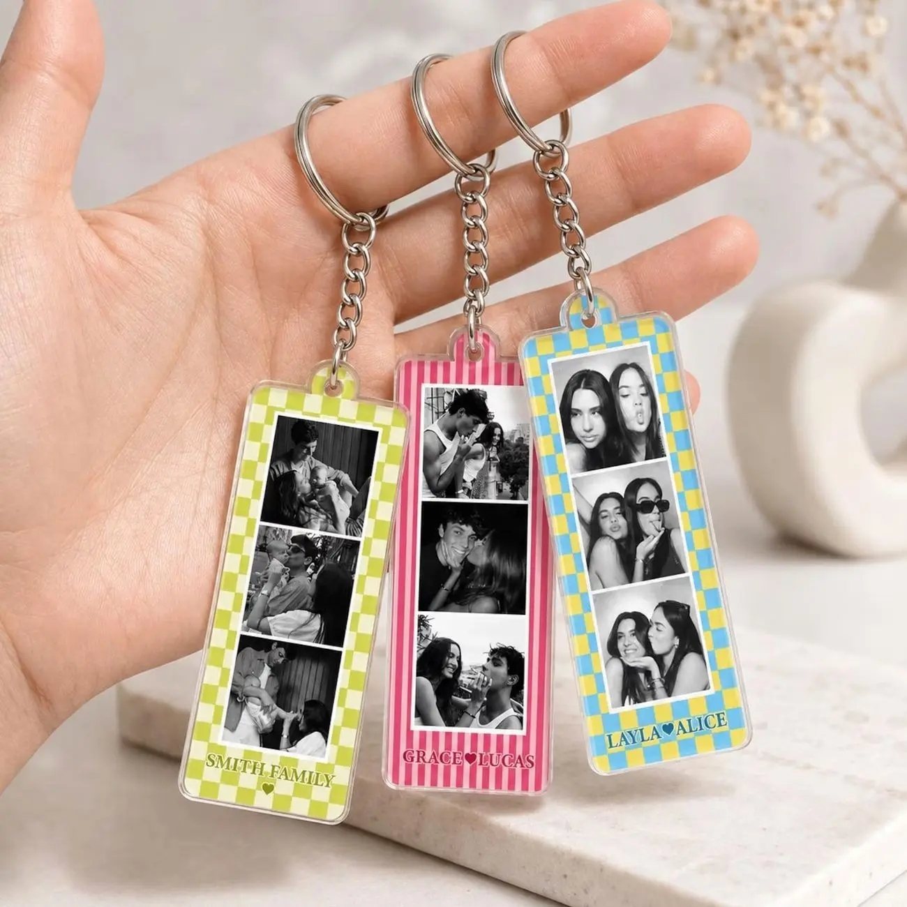 Custom Photo Booth Striped Keychain, Personalized Photo Keychain, Custom Couple Picture Keyring, Family Gift