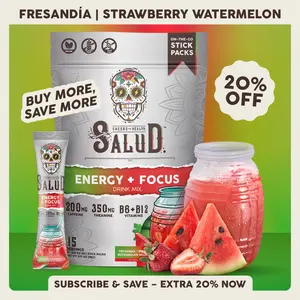 Salud 2-in-1 [Energy + Focus – Fresandía | Strawberry Watermelon] Clean Energy Drink Mix, Agua Fresca, Organic Caffeine, B6 & B12, L-Theanine, Drink Packets, Non-GMO, Gluten Free, Vegan, Low Calorie, 1g Sugar (15 Servings)