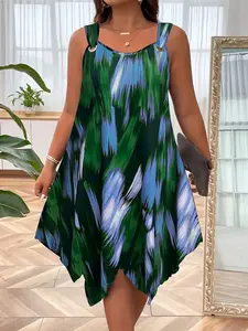 Women's Leaf Print Sleeveless Dress, Casual Fashion Short Dress for Summer, Women's Dress for Beach Holiday