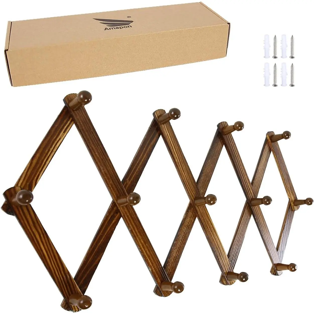 Accordion Style Expandable Wall Wooden Coat Rack 13 Hooks (Pegs) Hang Hats Jackets Coffee Mug Purses Necklaces Towels Cap Leash Scarves Data Line Kitchenware (Walnut 2 Packs)