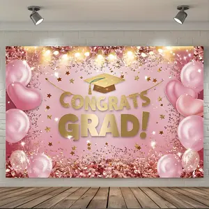 Pink Golden Graduation Backdrop Congrats Grad Party Backdrop Celebration Background Cloth Graduation Tapestry Wall Hanging Photography Background Polyester Fiber Party Room Home Event Ceremony Photo Booth Decor Studio Prop