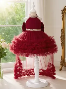 Toddler Girl's Glitter Sequin Decor Tulle Frilled Ruffle Dress Elegant Sleeveless Round Neck A Line Dress for Party Performance Birthday Kids Clothes for All Seasons