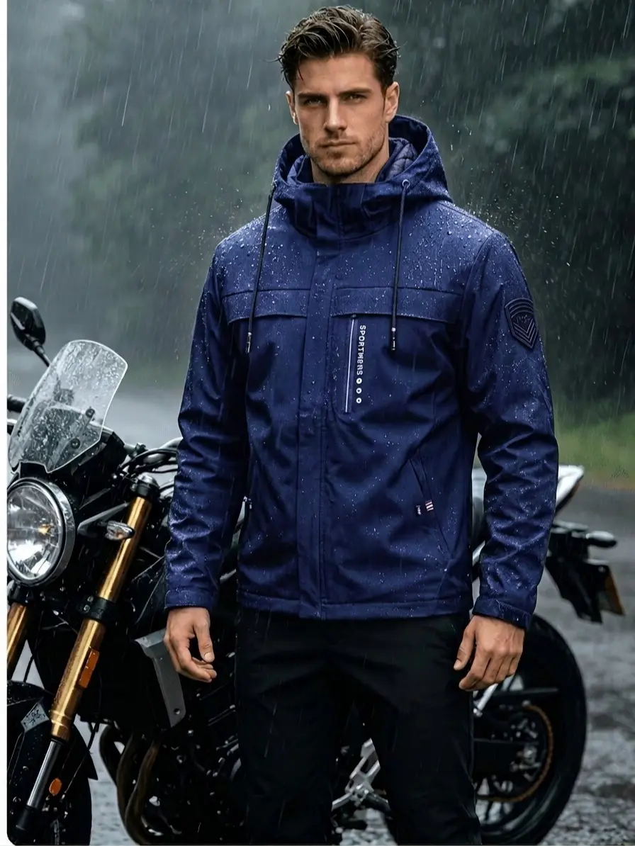Men's Lightweight Waterproof Windproof Hooded Motorcycle Jacket, Zip Pockets, Full Sizes XS-3XL, for Riding, Hiking, Outdoor Daily Wear, Lightweight Waterproof Men's Sports Jacket, Water Resistant, Hooded Neck