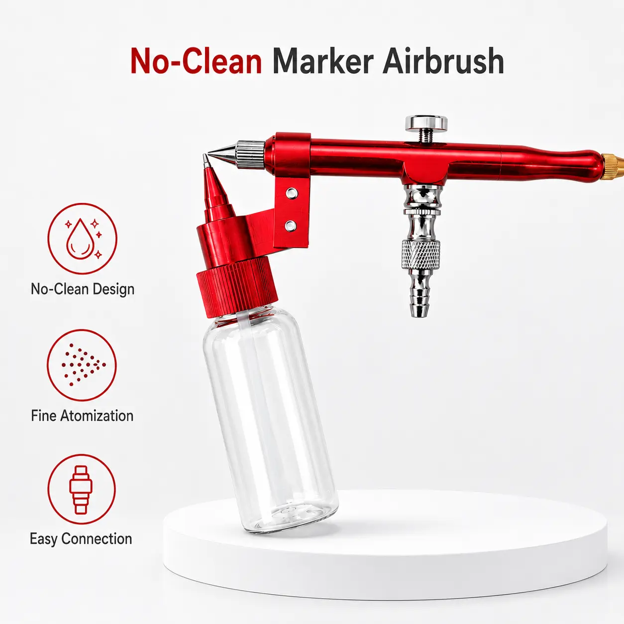 No-Clean Marker Airbrush, Red Metal Spray Pen with Side Clear Bottle, External Air Source Fine Spray Tool for DIY Airbrushing, Model Painting, Shoe Customizing and Craft Spraying